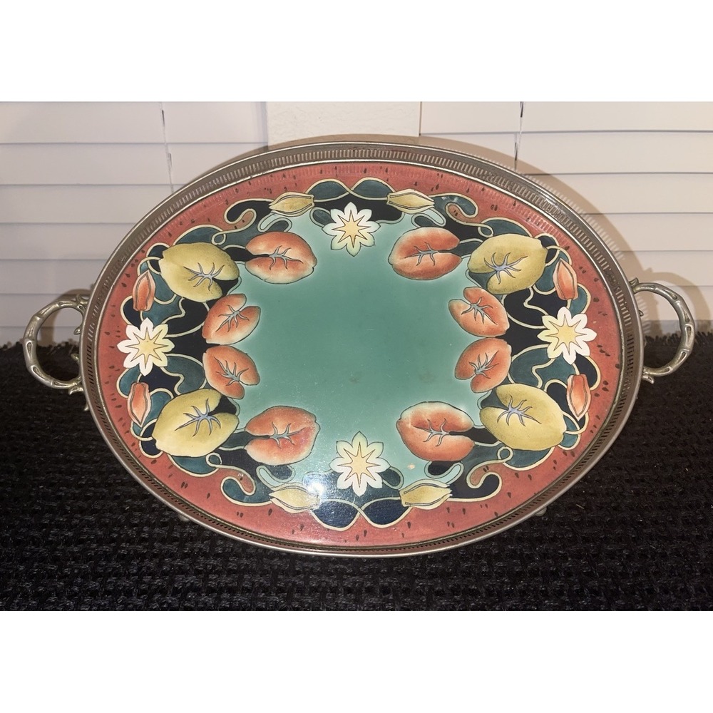 Vintage Gesetzlich geschutzt Tray With‎ Floral Porcelain/Enamel & Metal Frame